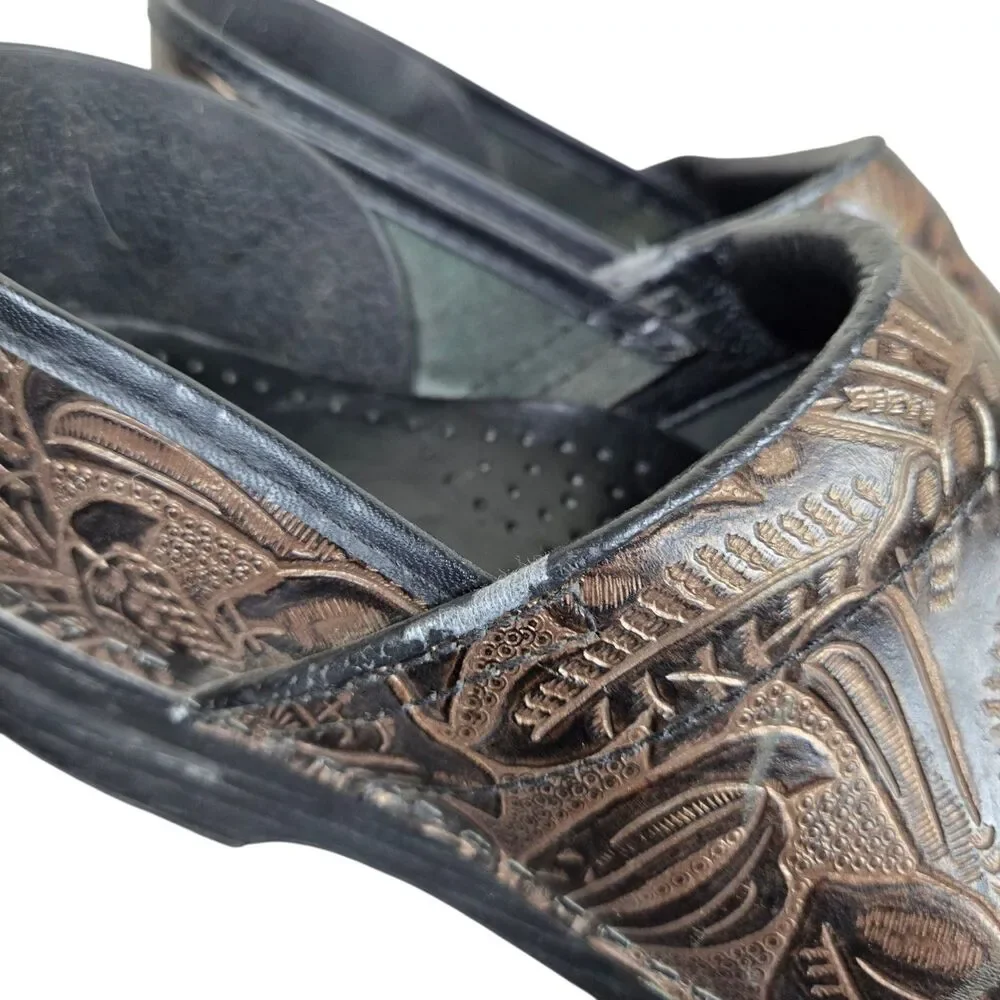 Dansko Floral Tooled Clogs Sz 41 US 10.5 - 11 Brown Leather Comfort